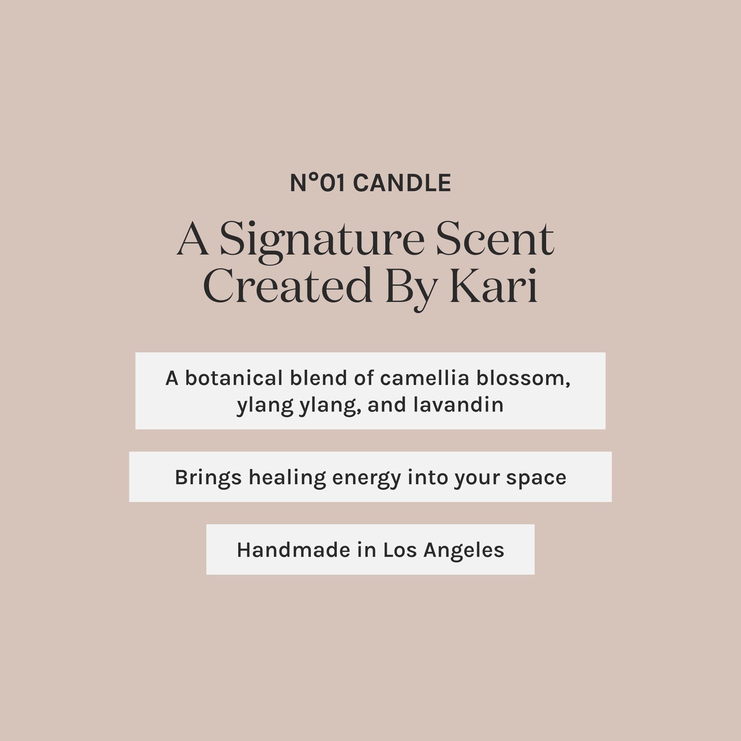 Product description card for a candle with botanical blend and healing properties, handmade in Los Angeles.