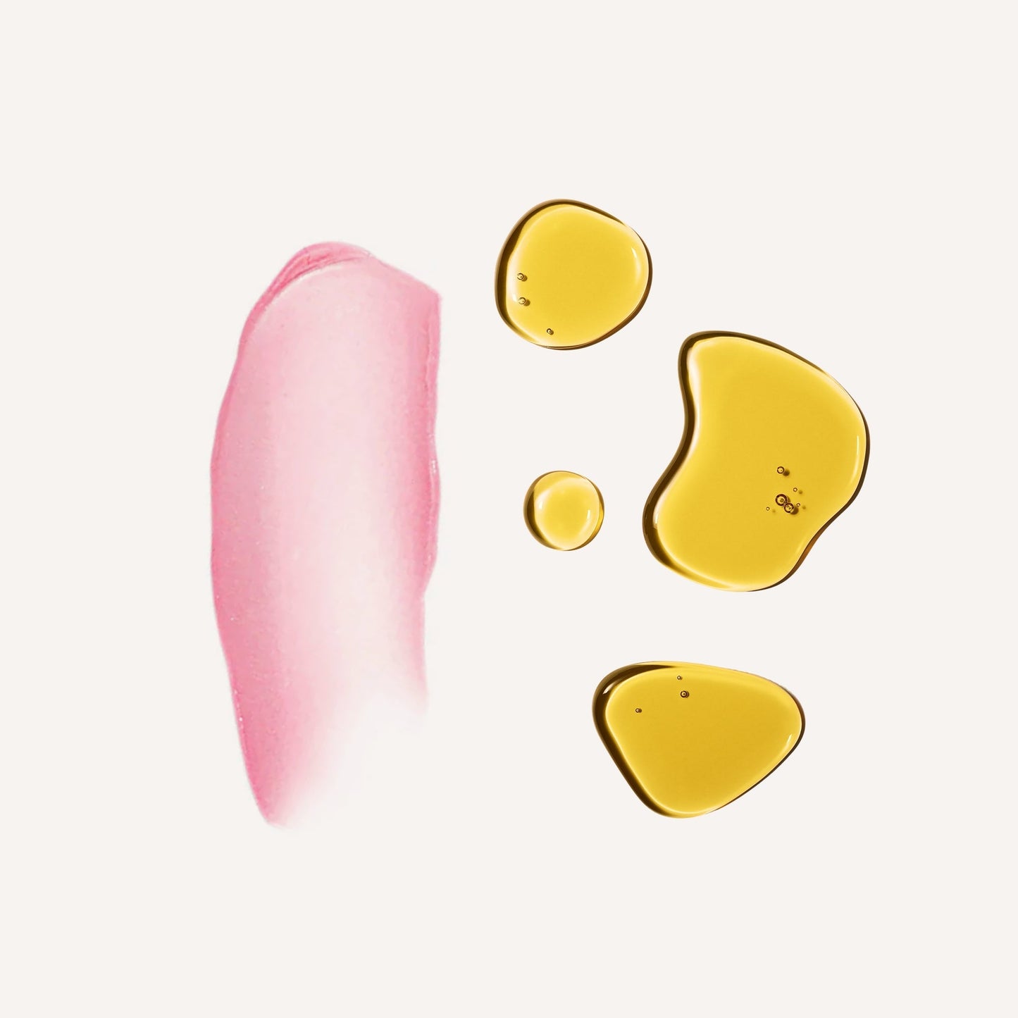 Swatches of Cleansing oil, peptide serum, vitamin c serum and tinted lip whip