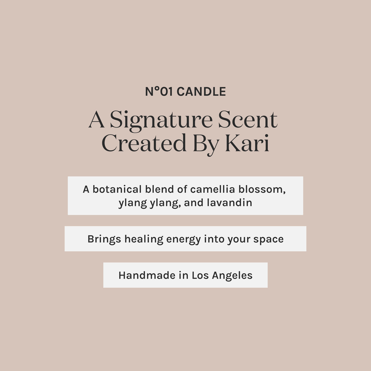 Product description card for a candle with botanical blend and healing properties, handmade in Los Angeles.