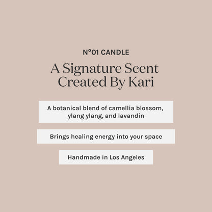 Product description card for a candle with botanical blend and healing properties, handmade in Los Angeles.