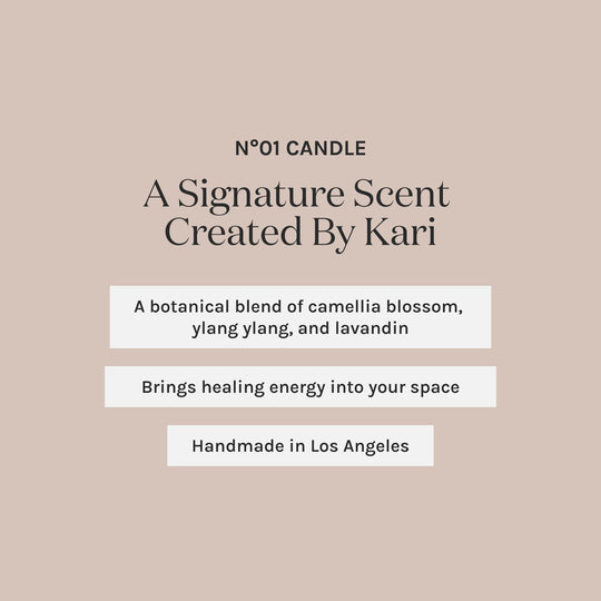 Product description card for a candle with botanical blend and healing properties, handmade in Los Angeles.