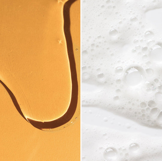 close up on essential cleansing oil and luxe cleansing bar