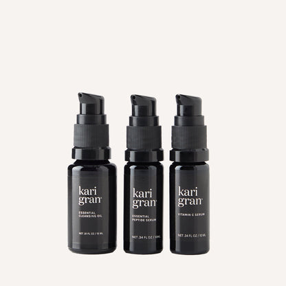 cleansing oil, peptide serum, and vitamin c serum
