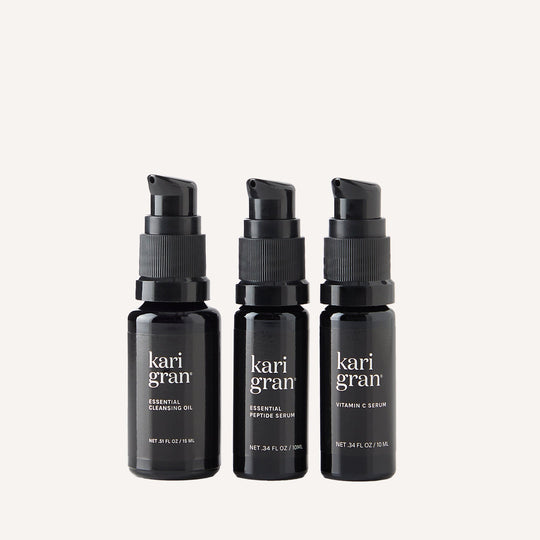 cleansing oil, peptide serum, and vitamin c serum