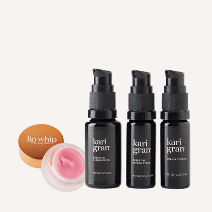 Cleansing oil, peptide serum, vitamin c serum and tinted lip whip