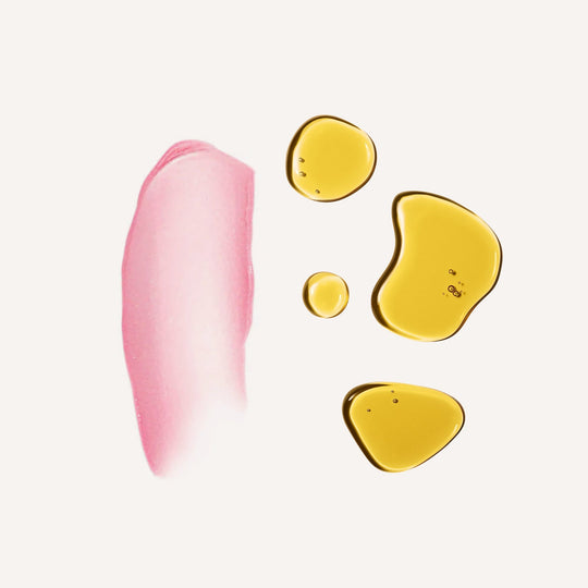 Swatches of Cleansing oil, peptide serum, vitamin c serum and tinted lip whip