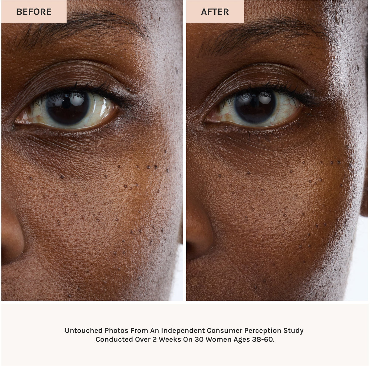 Before and after comparison of a woman's eye with text indicating an independent consumer perception study.