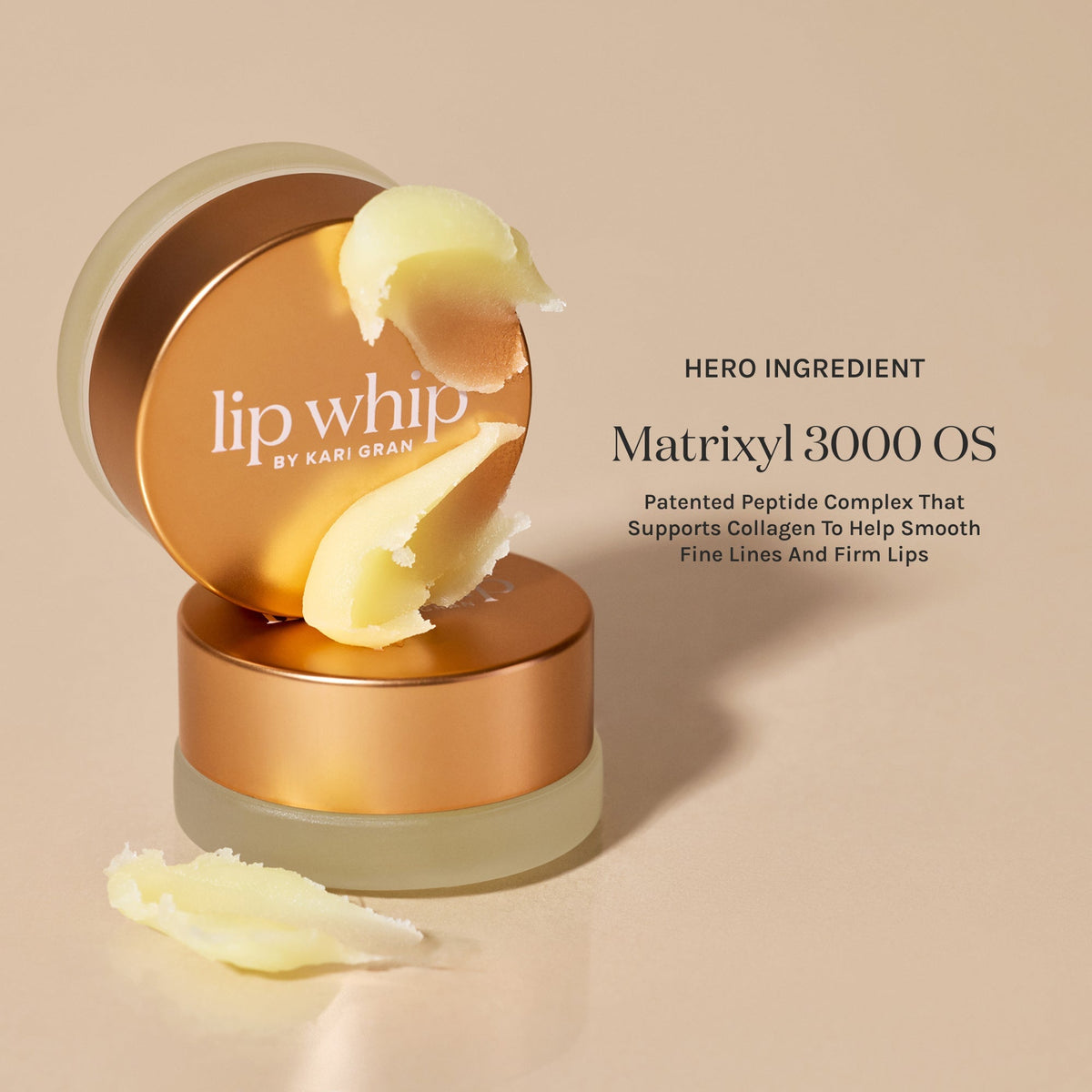 Lip whip by Kari Gran lip balm withMatrixyl 3000 OS on a beige background